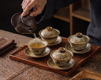 Vintage Chinese Gaiwan Tea Set, Hand Painted Floral Porcelain Kung Fu Tea Cup with Saucer, Traditional Oriental Teaware, Unique Tea Gift