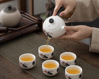 Chinese Ceramic Tea Set with Lotus Design, Kung Fu Teapot  5 Cups, Traditional Asian Tea Ceremony Gift Set for Tea Lovers, Housewarming Gift