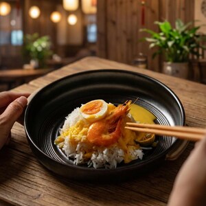 May include: A black bowl filled with white rice, topped with a cooked shrimp, a halved boiled egg, and a yellow sauce. Chopsticks are holding the shrimp. The dish is on a wooden table.