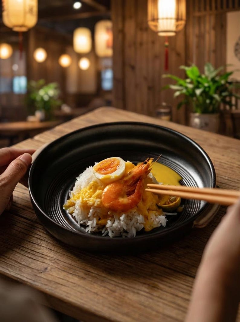May include: A black bowl filled with white rice, topped with a cooked shrimp, a halved boiled egg, and a yellow sauce. Chopsticks are holding the shrimp. The dish is on a wooden table.
