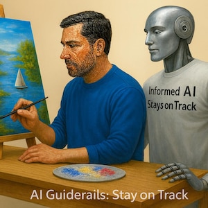 Op de afbeelding: Een kunstenaar in een blauw shirt schildert een zeilboot op een canvas, met een robot in een t-shirt met de tekst "Informed AI Stays on Track" naast hem. Het schilderij staat op een houten ezel. De tafel heeft een palet met kleuren.