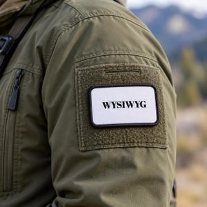 May include: A rectangular white patch with a black border and the black text WYSIWYG, attached to the olive green sleeve of a jacket. The patch is secured to a matching olive green hook-and-loop fastener panel on the upper arm of the garment.