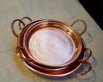 Copper Frying Pan with Handles, Personalized Handmade Hammered Copper Pan for Cooking and Serving, Rustic Copper Skillet Gift