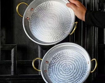 Hammered Aluminum Pan Brass Handles, Personalized Silver Skillet, Handmade Metal Tray, Custom Engraved Cookware, Modern Kitchen Decor Gift