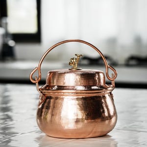 Hand Hammered Copper Cooking Pot with Mushroom Brass Knob Lid, Small Stovetop Soup Pot, Rice Cooking Pot, Pure Copper Kitchen Cookware