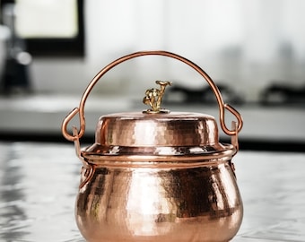 Hand Hammered Copper Cooking Pot with Mushroom Brass Knob Lid, Small Stovetop Soup Pot, Rice Cooking Pot, Pure Copper Kitchen Cookware