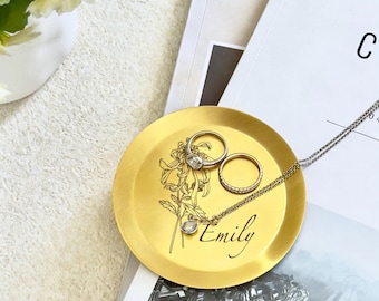 Personalized Brass Birth Flower Dish Custom Flower Ring Dish Christmas Gifts Wedding Bridesmaid Gift Engraved Metal Trinket Tray