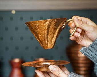 Custom Name Copper Coffee Dripper, Personalized Initial Hammered Pour Over Brewer, Artisanal Filter Cone