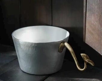 Aluminum Saucepan, Handmade Hammered Small Pot, Brass Handle Pan, Metal Serving Bowl, Minimalist Kitchen Cookware