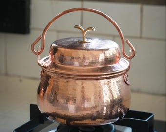 Copper Cooking Pot with Lid and Brass Sprout Knob, Small Soup Pot, Rice Pot, Hand Hammered Pure Copper Cookware, Stovetop Safe Kitchen Pot