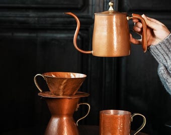 Copper Pour Over Coffee Set, Personalized Coffee Gift, Handcrafted Copper Dripper Kettle Cup Set