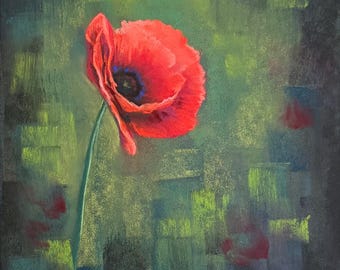 Una sola amapola roja, pintura original al pastel de 9,5 x 7 pulgadas.