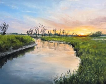Sunset Over the Marsh Original Pastel Painting 9 x 12 inches