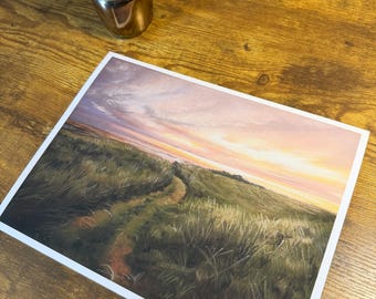 Lámina de bellas artes: Hierbas al atardecer, pintura al pastel, 8,5 x 11 pulgadas.