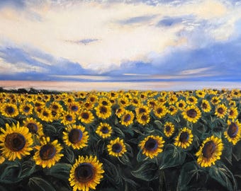 Sunflowers Under Soft Sky Original Pastel Painting 7 x 9.5 inches