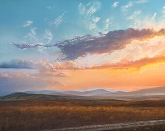 Wo der Abend sich versammelt Licht – Original Landschaft in zartem Pastell 36 x 50 cm