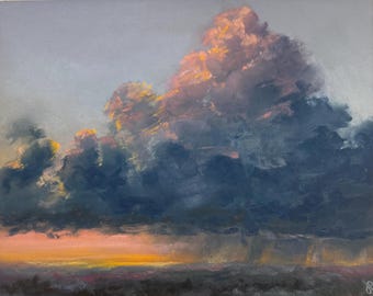 Storm bij zonsondergang, origineel pastel schilderij, 8 x 10 inch