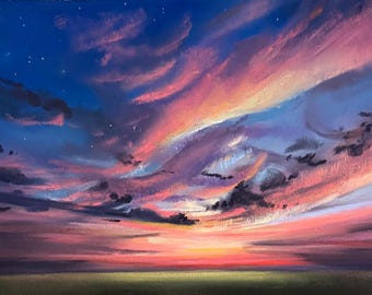 Pintura original al pastel: Atardecer sobre campos tranquilos
