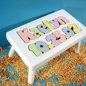 Name and Birthday Stool with White Finish 1 to 8 letters