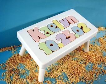 Name and Birthday Stool with White Finish 1 to 8 letters