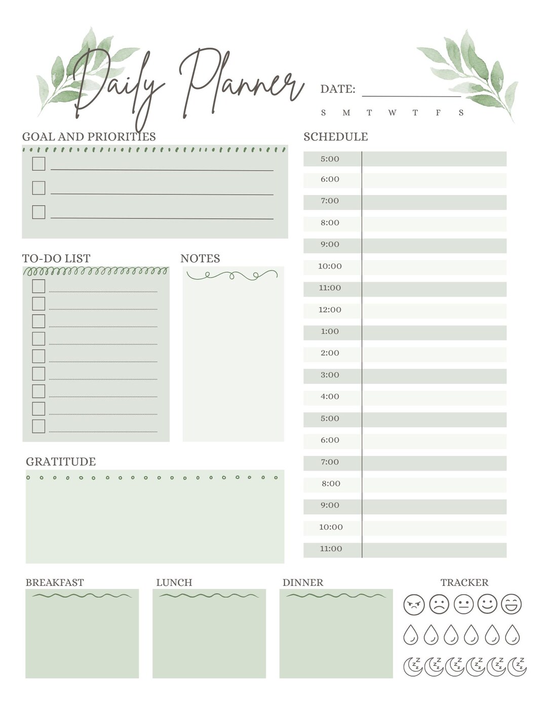 Minimalist Green Floral Daily Planner | PDF Planner | Simple Botanical ...