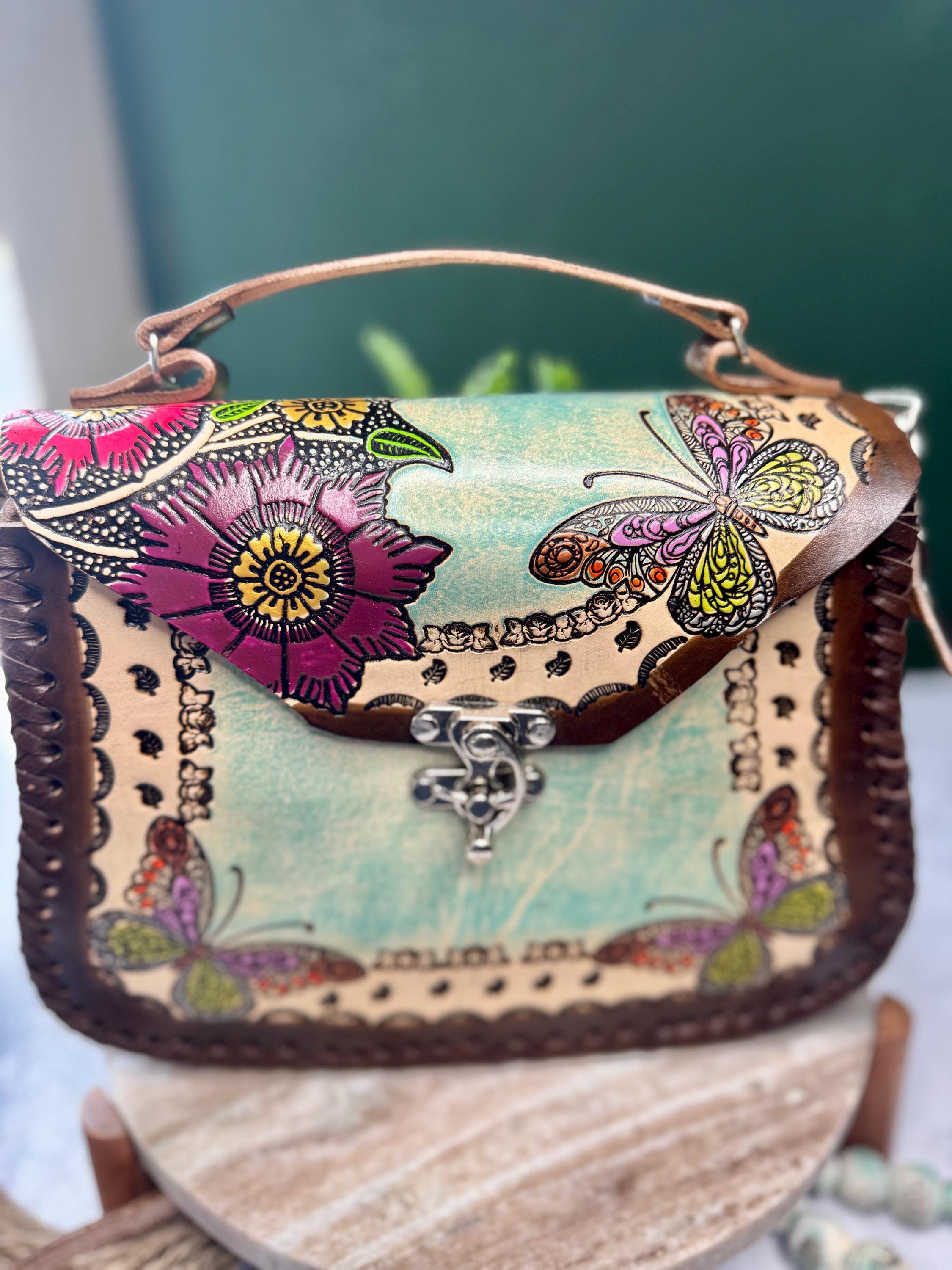 Rosa Mexicano Hand Painted Vegan Leather Butterfly Backpack HANDMADE LEATHER BACKPACK | Hand Tooled Backpack | Women main image 3
