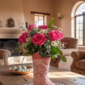 Könnte beinhalten: Eine rosa Keramik-Cowboystiefelvase gefüllt mit rosa Rosen, weißen Gänseblümchen und Grünzeug steht auf einem Holztisch. Der Stiefel hat ein dekoratives Blumenmuster. Eine Perlenkette umgibt die Basis der Vase. Ein dekorativer Teller mit bemalten Eiern steht ebenfalls auf dem Tisch.