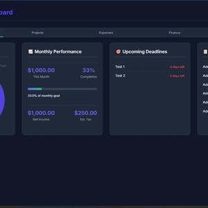 May include: A dark blue dashboard interface with data visualizations. The top displays "Freelancer Dashboard." Sections include income vs. expenses, monthly performance, upcoming deadlines, and recent activity. Charts and financial data are displayed.