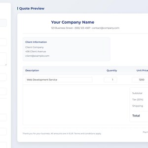 May include: A digital quote template in light blue and white. It displays company and client details, service descriptions, quantity, unit price, and total cost. The quote number is QUOTE-2024-001. The total is 1,440.00€.