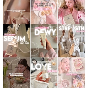 May include: A collection of nine social media images featuring skincare products, including a serum bottle with a dropper, a beige tube of cream, and a pink sheet mask. The images include text overlays such as Glass Skin, From Dull to Dewy, and Softness is Strength.