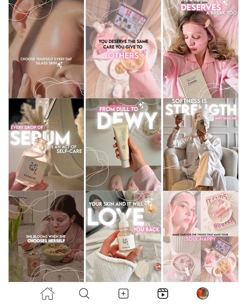 May include: A collection of nine social media images featuring skincare products, including a serum bottle with a dropper, a beige tube of cream, and a pink sheet mask. The images include text overlays such as Glass Skin, From Dull to Dewy, and Softness is Strength.