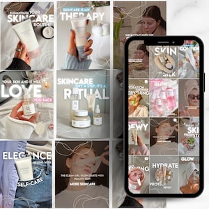Skincare aesthetic instagram templates designed with neutral feminine layouts modern typography and clean beauty inspired branding. Ideal for estheticians beauty bloggers skincare businesses and social media managers wanting a professional cohesive Instagram presence. This Canva editable bundle includes posts stories and beauty inspired content layouts.