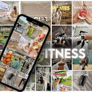 May include: A smartphone displaying a grid of fitness-themed social media posts featuring various images of healthy food, workout routines, and motivational text overlays like Comfort Zone, Consistency, and Discipline on a white background.