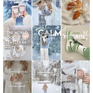 May include: A collage of winter-themed images. Includes two coffee cups, two people hugging, croissants, a sneaker, and text that reads "COFFEE IS MY WINTER COMFORT", "SNOWFLAKES", "buttery morning", "THE WORLD LOOKS GENTLER IN WHITE", "CALM", "MY NEW FAVORITE STEP", "HARM TEA & COLD SKIES", "COZY HOURS ONLY", and "SOFT SWEATER, SLOW MORNING."