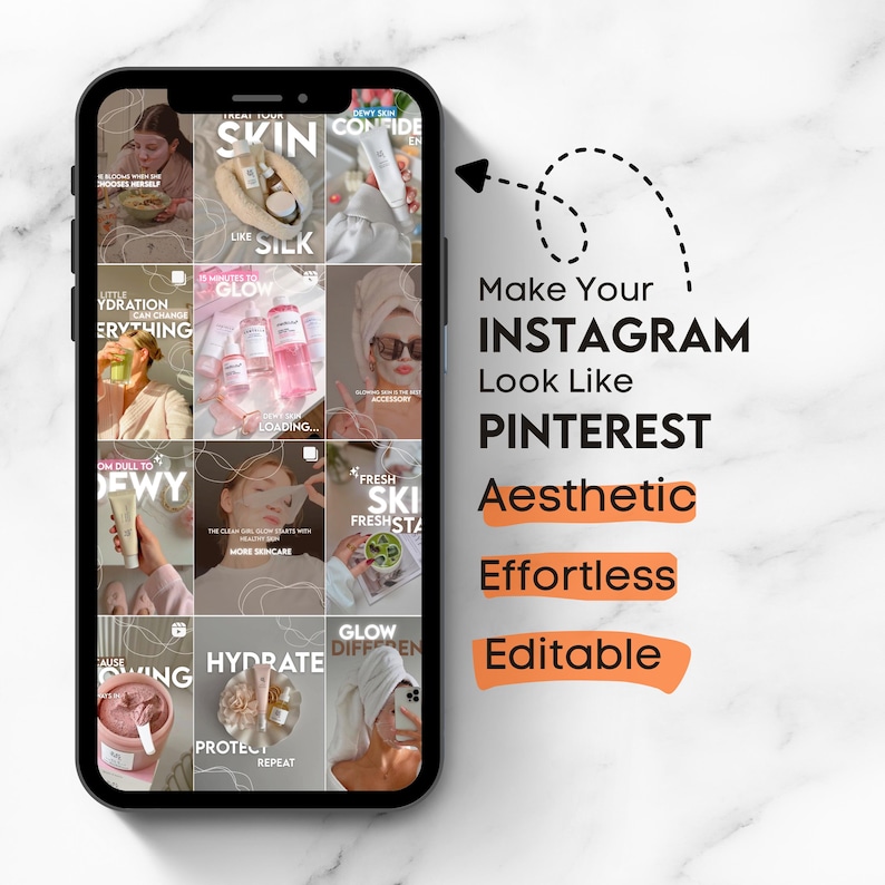 Clean girl skincare instagram template bundle featuring modern K beauty aesthetic feed layouts and editable Canva designs. Created for wellness creators beauty brands entrepreneurs and influencers this social media kit helps create elegant posts stories and cohesive branding visuals inspired by luxury skincare routines and self care.