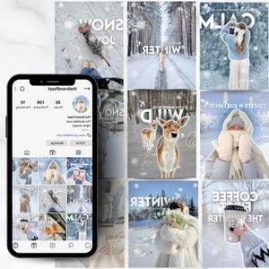Può includere: Uno smartphone mostra un profilo Instagram con post a tema invernale. Il feed presenta immagini con neve, overlay di testo come "WINTER" e "SNOW" e foto di persone in abbigliamento invernale. L'estetica generale è dai toni freddi ed evoca un'atmosfera invernale.