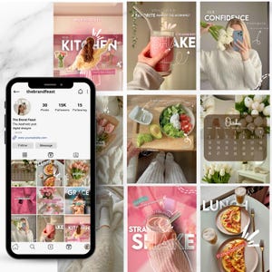 May include: A collage of lifestyle images, including a phone displaying an Instagram profile, a strawberry shake, a salad, and a calendar. The images have a pink and white aesthetic, with text overlays like "Strawberry Shake" and "New Kitchen."