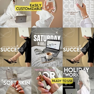 Può includere: Un collage di immagini lifestyle con laptop, profumo, caffè e prodotti di bellezza. Il testo include "No Regrets", "Smells Like Confidence", "Easily Customizable", "Saturday 8:00 AM", "Creating My Own Success", "Soft Life", "Tinted Lip Balm" e "Holiday Work".
