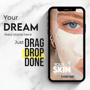 Beauty inspired social media template with K beauty aesthetic and minimalist feminine branding design. Perfect for content creators skincare shops self care influencers and small businesses looking to create beautiful Canva editable Instagram posts stories and cohesive feed layouts with soft luxurious visuals.