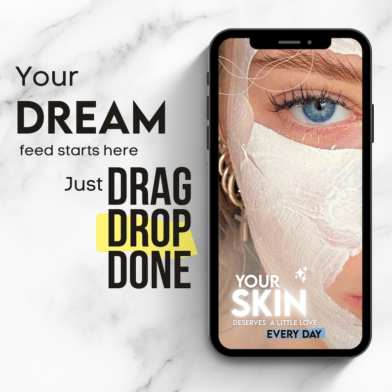 Beauty inspired social media template with K beauty aesthetic and minimalist feminine branding design. Perfect for content creators skincare shops self care influencers and small businesses looking to create beautiful Canva editable Instagram posts stories and cohesive feed layouts with soft luxurious visuals.