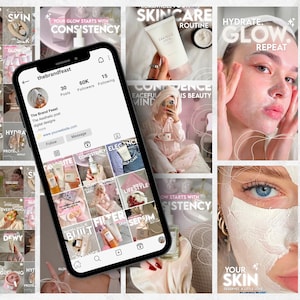 Könnte beinhalten: Ein Smartphone zeigt die Instagram-Profilseite von The Brand Feast mit einem Raster aus Beiträgen zum Thema Hautpflege. Der Bildschirm zeigt 30 Beiträge, 60.000 Follower und 15 Abos mit verschiedenen Bildern von Hautpflegeprodukten.