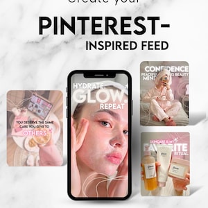 May include: A digital display showing a smartphone screen with the text HYDRATE GLOW REPEAT, surrounded by three smaller rectangular panels featuring lifestyle imagery and text including YOU DESERVE THE SAME CARE YOU GIVE TO OTHERS, CONFIDENCE, and SKINCARE IS MY FAVORITE RITUAL.