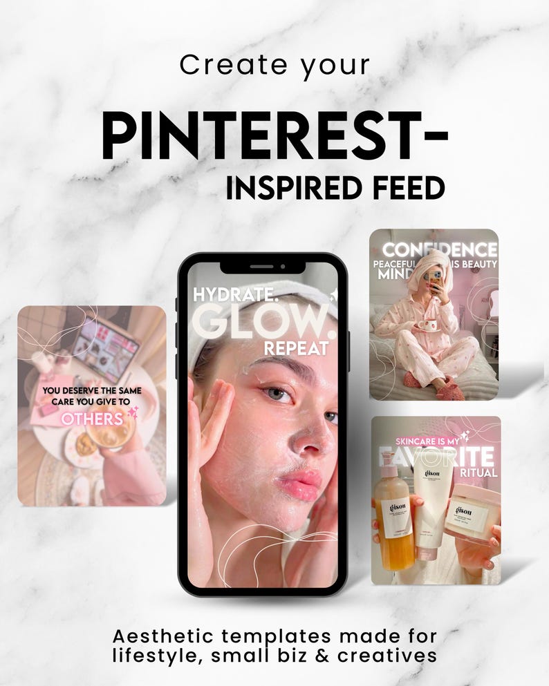 May include: A digital display showing a smartphone screen with the text HYDRATE GLOW REPEAT, surrounded by three smaller rectangular panels featuring lifestyle imagery and text including YOU DESERVE THE SAME CARE YOU GIVE TO OTHERS, CONFIDENCE, and SKINCARE IS MY FAVORITE RITUAL.