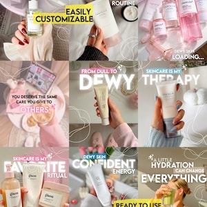 May include: A collection of skincare products including serums, creams, and cleansers from brands like Skin1004, Medicube, and Gisou, featuring various bottles and tubes with labels, displayed in a grid layout with overlaid text and graphic elements.