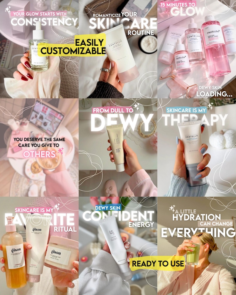 May include: A collection of skincare products including serums, creams, and cleansers from brands like Skin1004, Medicube, and Gisou, featuring various bottles and tubes with labels, displayed in a grid layout with overlaid text and graphic elements.