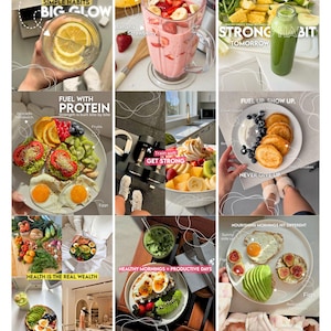 Può includere: Un collage di nove immagini che mostrano pasti sani, frullati e routine di fitness. Le immagini presentano sovrapposizioni di testo come SIMPLE HABITS BIG GLOW, SIP THE SWEETNESS, STRONG HABIT, FUEL WITH PROTEIN, GET STRONG, NEVER GIVE UP e HEALTH IS THE REAL WEALTH.