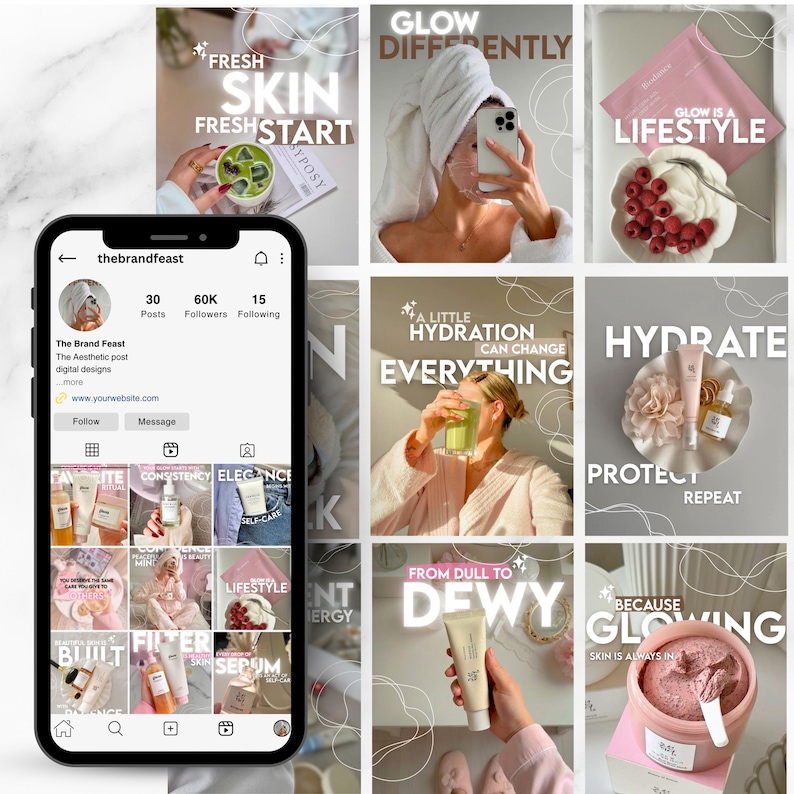 K beauty instagram template featuring skincare aesthetic layouts soft feminine tones and elegant clean girl branding visuals. This Canva editable social media template is perfect for beauty influencers skincare brands wellness creators and content creators looking to create a cohesive luxurious and professional Instagram feed using editable posts and stories.
