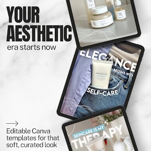 May include: Three digital tablet screens displaying editable Canva templates for skincare marketing. The text reads YOUR AESTHETIC era starts now, RITUAL, ELEGANCE BEGINS WITH SELF-CARE, and SKINCARE IS MY THERAPY, featuring various skincare product bottles.