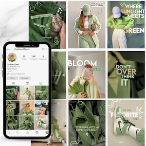 May include: A smartphone displays an Instagram profile with green-themed aesthetic posts. The posts feature images of clothing, accessories, and quotes like "Where sunlight meets green" and "Stepping into my expensive era."