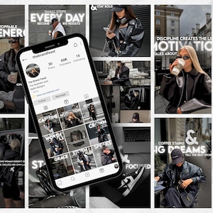 May include: A smartphone displaying an Instagram profile page for The Brand Feast, featuring a grid of lifestyle images with motivational text overlays, set against a collage background of similar fashion-focused photography.